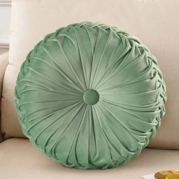 Set of 2 celadon green pleated velvet round throw pillows with button tufted center – 14.5 inch pumpkin-style decorative cushions for sofa, bed, or lounge area