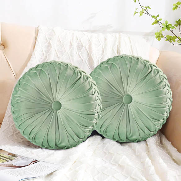 Set of 2 celadon green pleated velvet round throw pillows with button tufted center – 14.5 inch pumpkin-style decorative cushions for sofa, bed, or lounge area