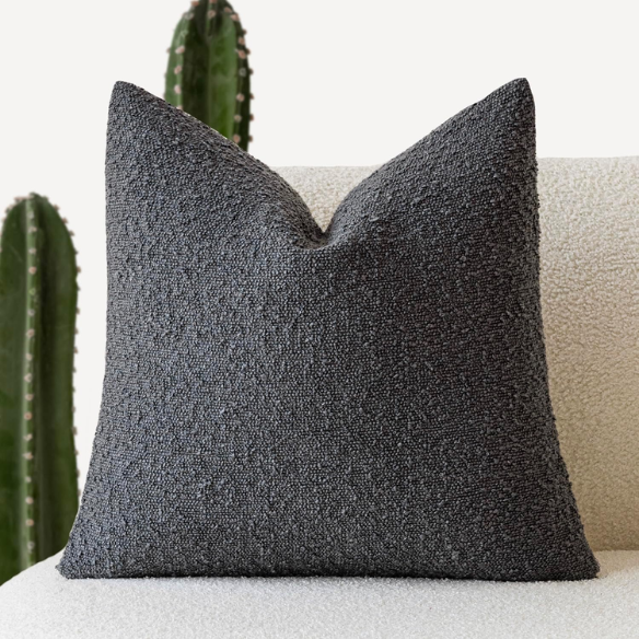 Charcoal boucle throw pillow cover with soft loop texture, 18x18 inches – modern cozy accent for sofa, bed, or armchair