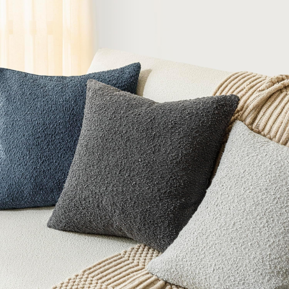 Charcoal boucle throw pillow cover with soft loop texture, 18x18 inches – modern cozy accent for sofa, bed, or armchair