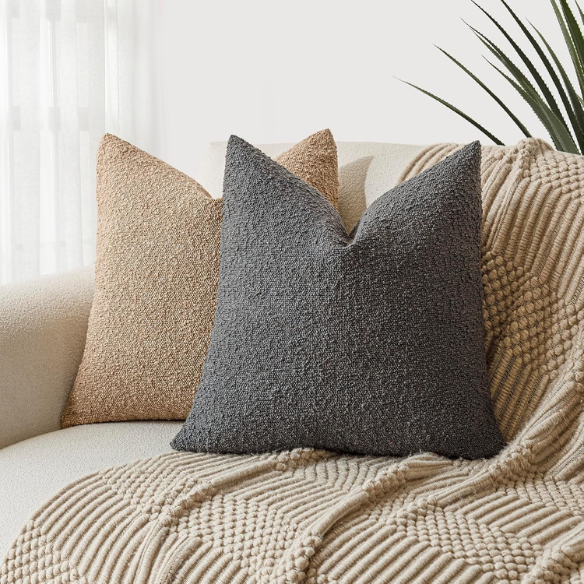 Charcoal boucle throw pillow cover with soft loop texture, 18x18 inches – modern cozy accent for sofa, bed, or armchair