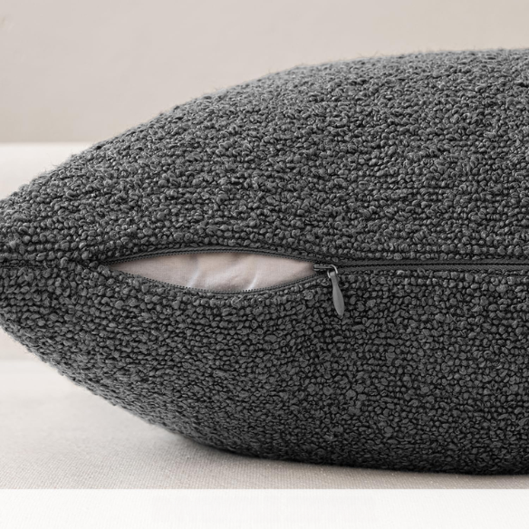 Charcoal boucle throw pillow cover with soft loop texture, 18x18 inches – modern cozy accent for sofa, bed, or armchair