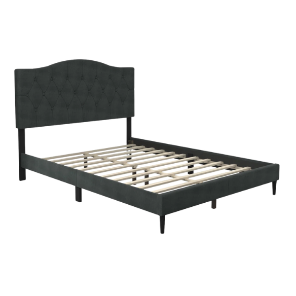 Charcoal grey upholstered king platform bed featuring a tufted camelback headboard, foam padding, and sturdy wood frame with slats and center support legs