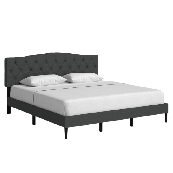 Charcoal grey upholstered king platform bed featuring a tufted camelback headboard, foam padding, and sturdy wood frame with slats and center support legs