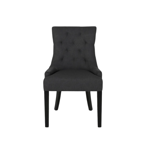 Set of four dark charcoal grey upholstered dining chairs featuring diamond tufted backs, armless design, sloped sides, and espresso wood legs.