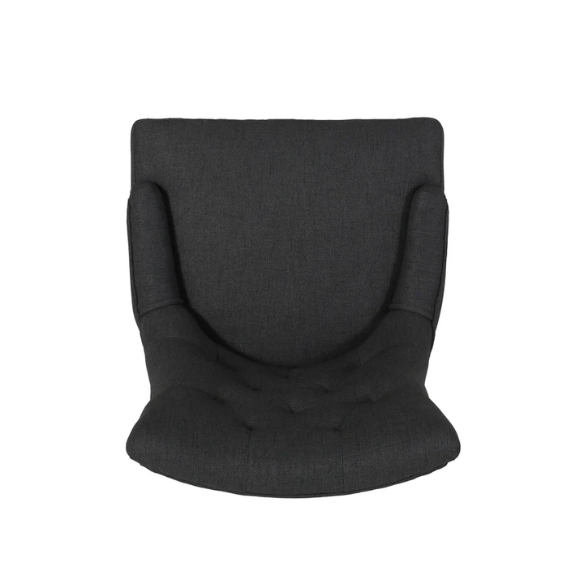 Set of four dark charcoal grey upholstered dining chairs featuring diamond tufted backs, armless design, sloped sides, and espresso wood legs.