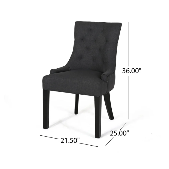 Set of four dark charcoal grey upholstered dining chairs featuring diamond tufted backs, armless design, sloped sides, and espresso wood legs.