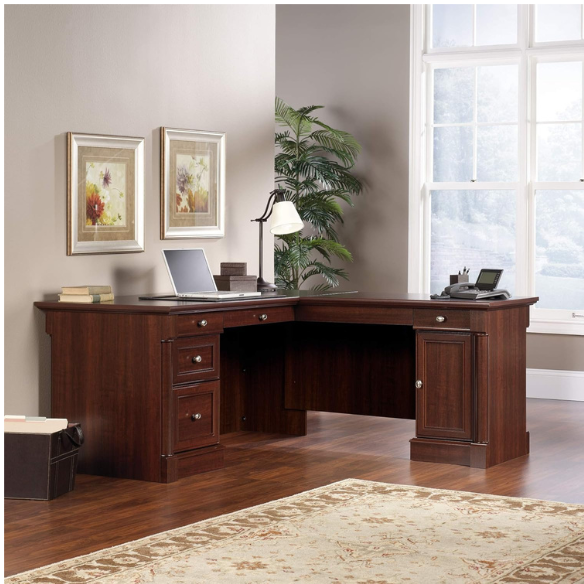 Cherry finish L-shaped computer desk with 4 drawers and adjustable features for home office
