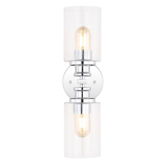 Polished chrome wall sconce with dual clear seeded glass cylinder shades and Edison-style LED bulbs, ideal for modern bathrooms or entryways