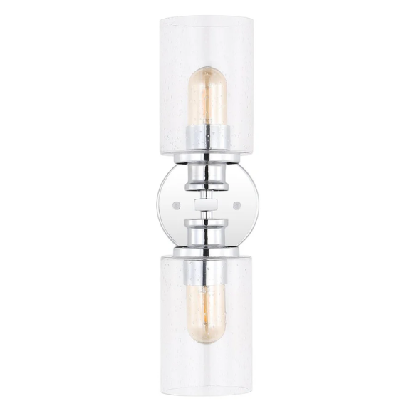 Polished chrome wall sconce with dual clear seeded glass cylinder shades and Edison-style LED bulbs, ideal for modern bathrooms or entryways