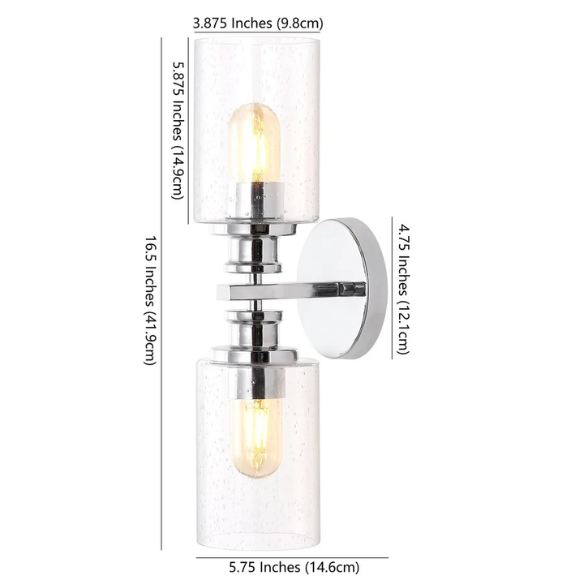 Polished chrome wall sconce with dual clear seeded glass cylinder shades and Edison-style LED bulbs, ideal for modern bathrooms or entryways