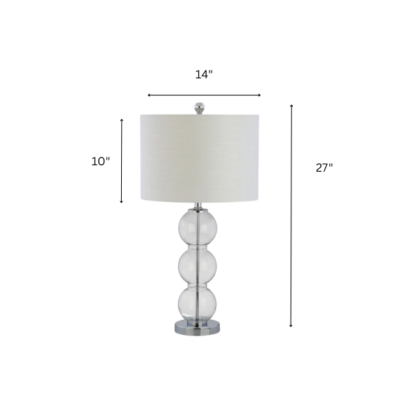 Set of 2 clear glass table lamps with triple-sphere design, polished silver accents, and white linen drum shades – elegant lighting for bedroom, living room, or office