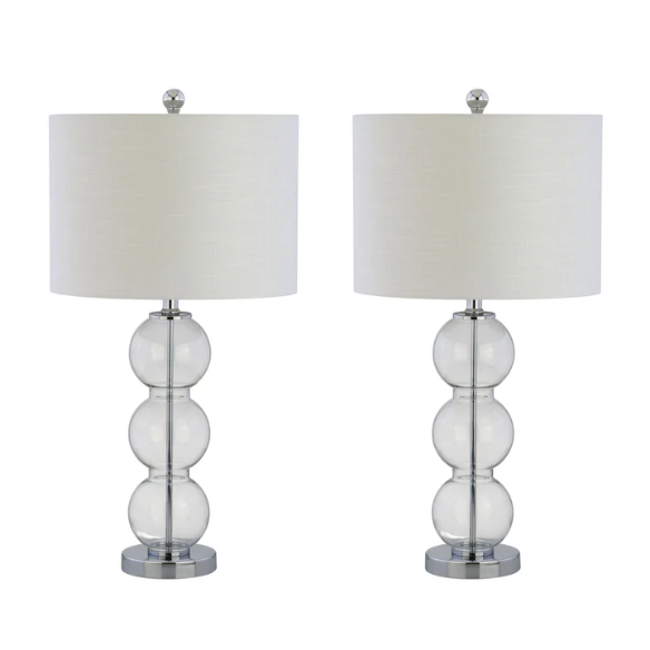 Set of 2 clear glass table lamps with triple-sphere design, polished silver accents, and white linen drum shades – elegant lighting for bedroom, living room, or office