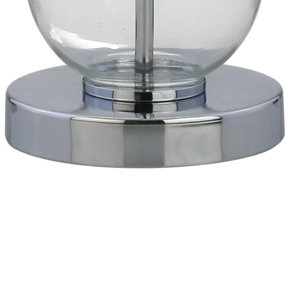 Set of 2 clear glass table lamps with triple-sphere design, polished silver accents, and white linen drum shades – elegant lighting for bedroom, living room, or office