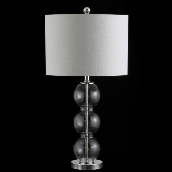 Set of 2 clear glass table lamps with triple-sphere design, polished silver accents, and white linen drum shades – elegant lighting for bedroom, living room, or office
