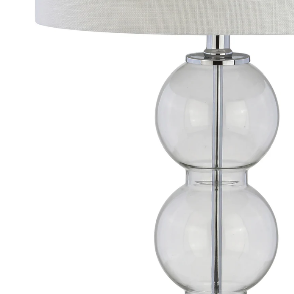 Set of 2 clear glass table lamps with triple-sphere design, polished silver accents, and white linen drum shades – elegant lighting for bedroom, living room, or office