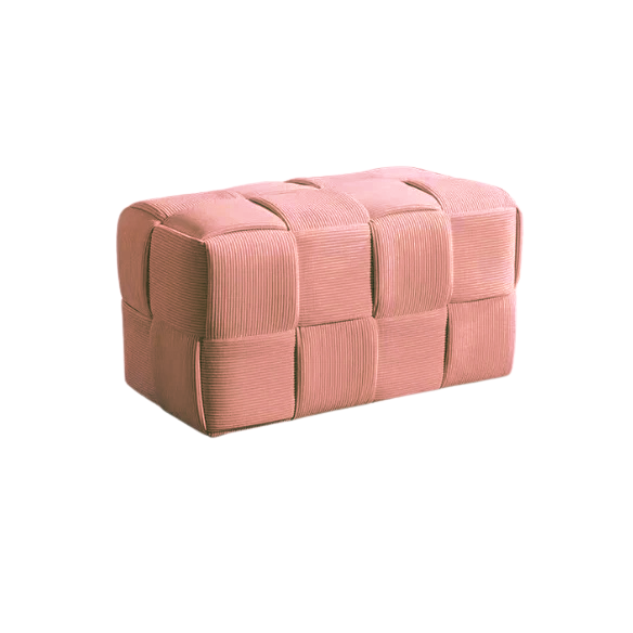 Blush velvet ottoman with modern cube design and durable wood frame.