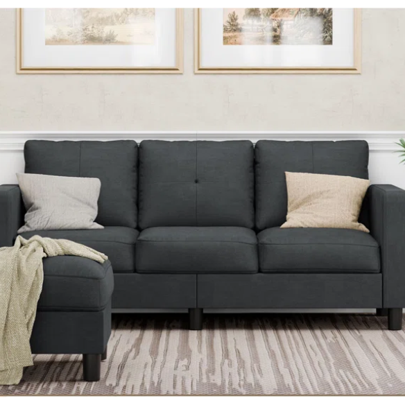 Modern L-shaped sectional sofa in textured polyester blend with built-in storage ottoman, square arms, and stain-resistant fabric.