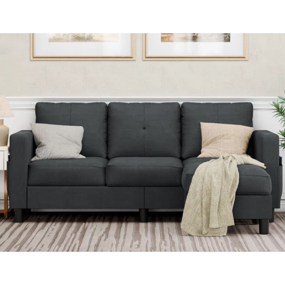 Modern L-shaped sectional sofa in textured polyester blend with built-in storage ottoman, square arms, and stain-resistant fabric.
