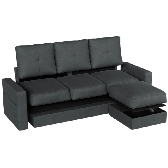 Modern L-shaped sectional sofa in textured polyester blend with built-in storage ottoman, square arms, and stain-resistant fabric.