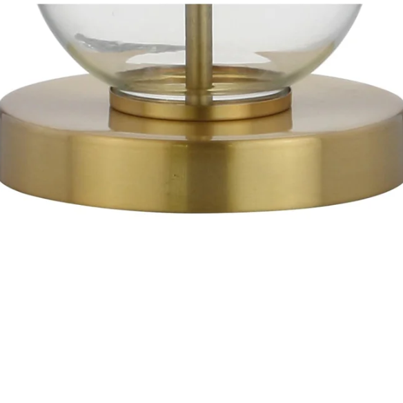 Set of 2 contemporary table lamps with clear glass triple-sphere base, gold accents, and white linen drum shade – modern glam bedside or living room lighting