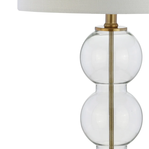 Set of 2 contemporary table lamps with clear glass triple-sphere base, gold accents, and white linen drum shade – modern glam bedside or living room lighting