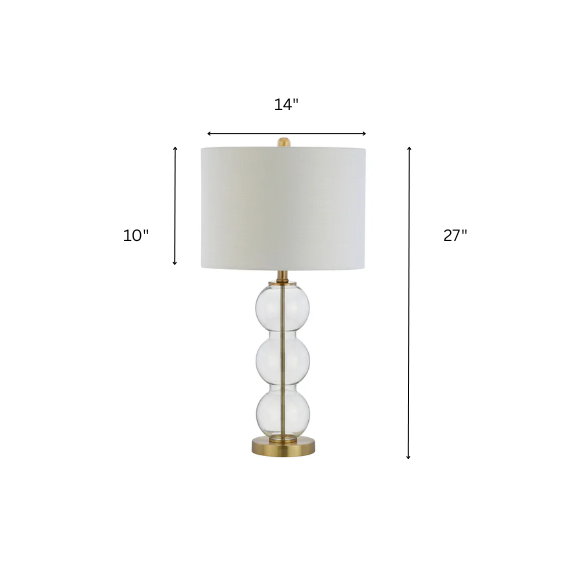 Set of 2 contemporary table lamps with clear glass triple-sphere base, gold accents, and white linen drum shade – modern glam bedside or living room lighting