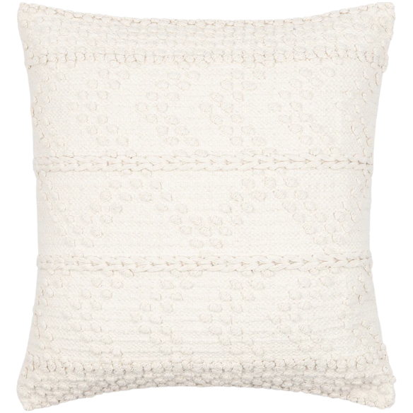 Cream handwoven boho throw pillow with chevron texture on a modern neutral-toned sofa
