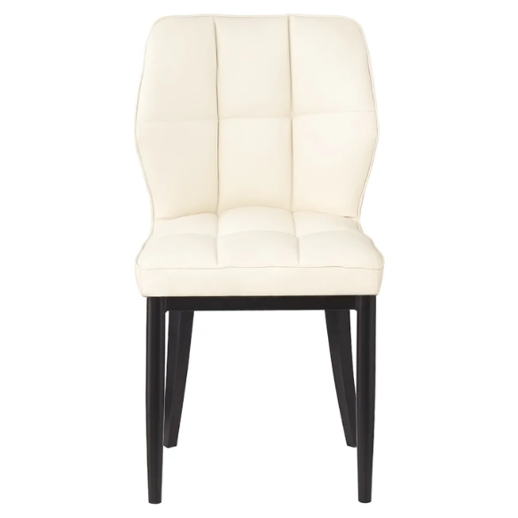 Set of two cream mid-century modern faux leather dining chairs with checkered stitching and metal legs