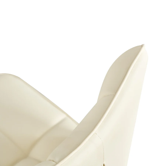 Set of two cream mid-century modern faux leather dining chairs with checkered stitching and metal legs