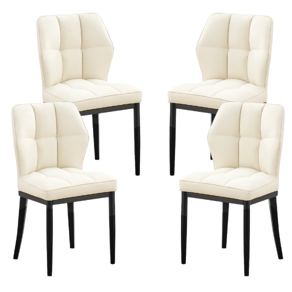Set of two cream mid-century modern faux leather dining chairs with checkered stitching and metal legs
