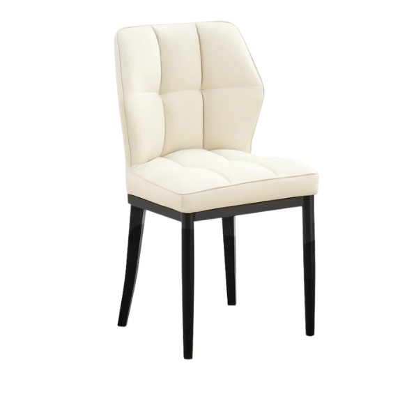 Set of two cream mid-century modern faux leather dining chairs with checkered stitching and metal legs