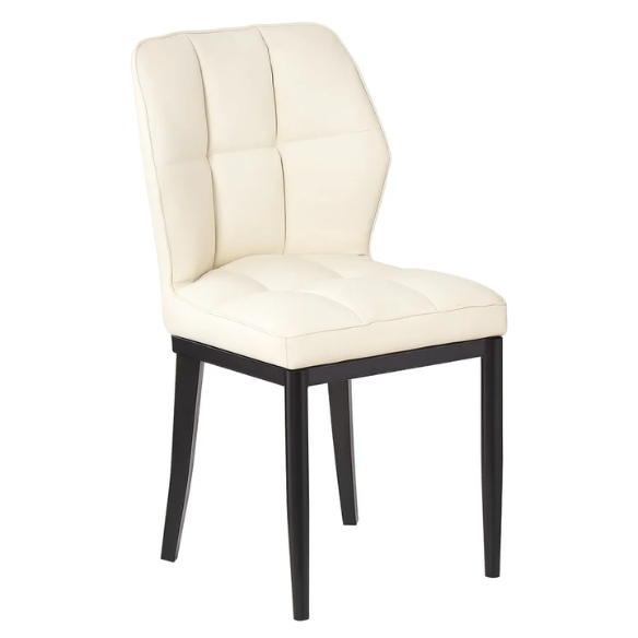 Set of two cream mid-century modern faux leather dining chairs with checkered stitching and metal legs