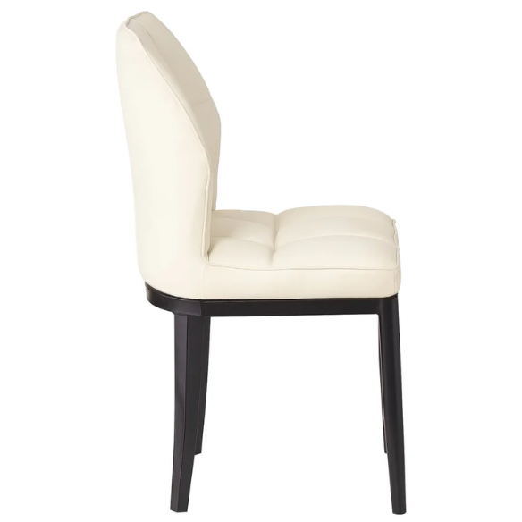 Set of two cream mid-century modern faux leather dining chairs with checkered stitching and metal legs