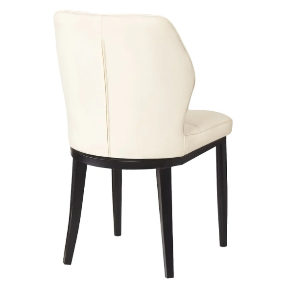 Set of two cream mid-century modern faux leather dining chairs with checkered stitching and metal legs