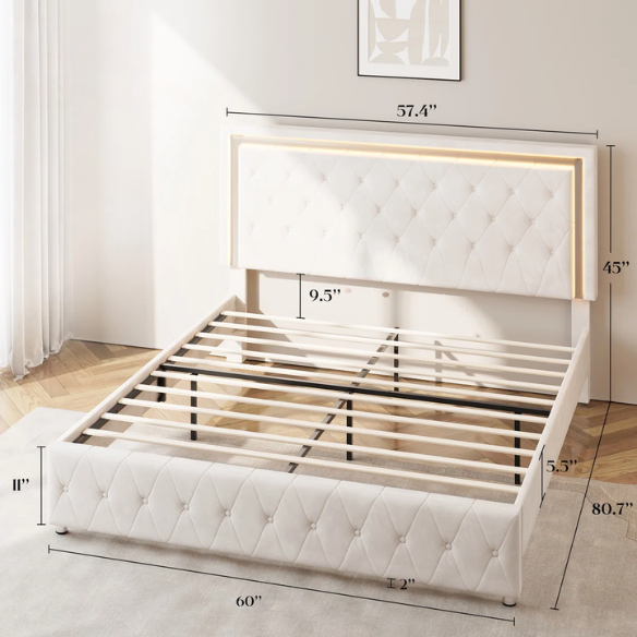 Cream velvet full size platform bed with LED lighted tufted headboard and mirror accents, featuring modern style and underbed clearance.