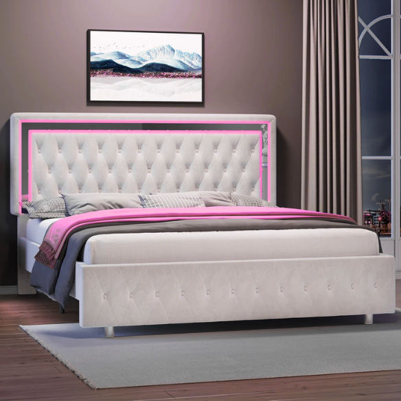 Cream velvet full size platform bed with LED lighted tufted headboard and mirror accents, featuring modern style and underbed clearance.