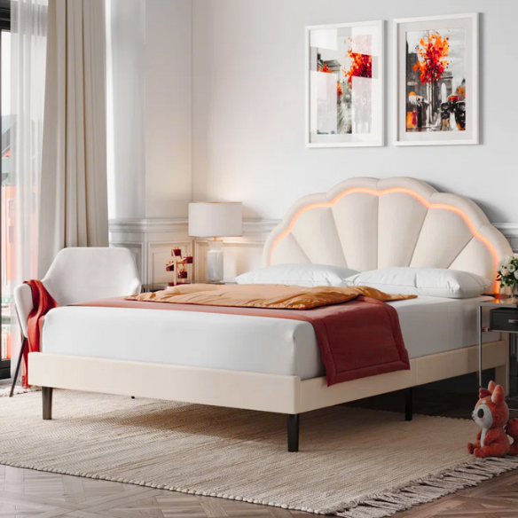 Full-size cream velvet platform bed with flower-shaped LED headboard and adjustable height