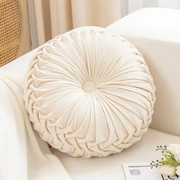 Cream Velvet Round Throw Pillow with Ribbed Edges – Elegant Decorative Cushion for Home Décor