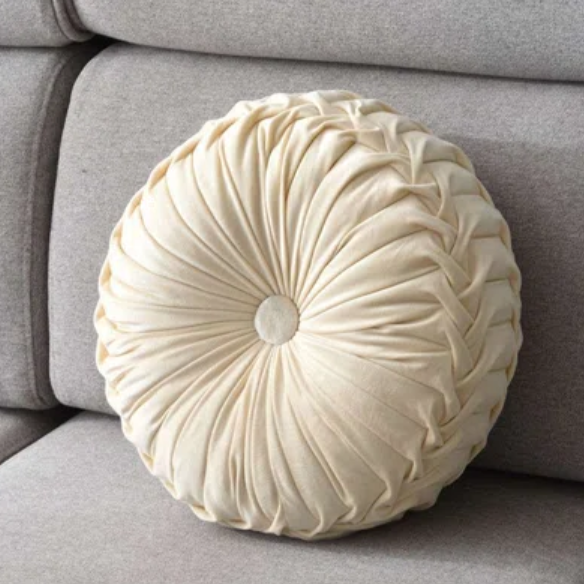 Cream Velvet Round Throw Pillow with Ribbed Edges – Elegant Decorative Cushion for Home Décor