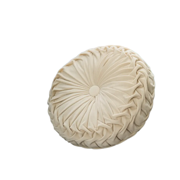 Cream Velvet Round Throw Pillow with Ribbed Edges – Elegant Decorative Cushion for Home Décor