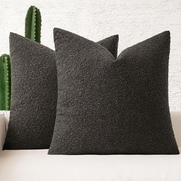 Dark brown boucle throw pillow cover with soft loop texture, 18x18 inches – modern cozy accent for sofa, bed, or armchair