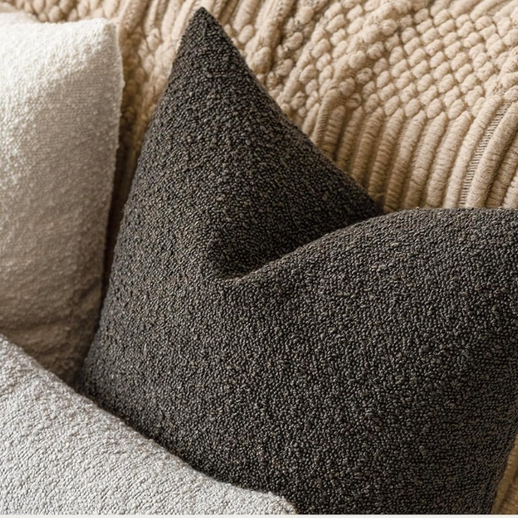 Dark brown boucle throw pillow cover with soft loop texture, 18x18 inches – modern cozy accent for sofa, bed, or armchair