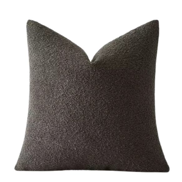 Dark brown boucle throw pillow cover with soft loop texture, 18x18 inches – modern cozy accent for sofa, bed, or armchair