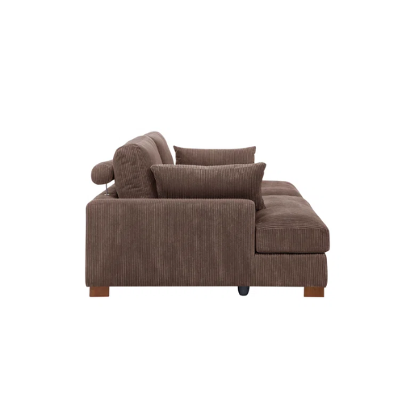 Dark brown corduroy convertible sleeper sofa with adjustable headrest, twin bed functionality, and mid-century wooden legs