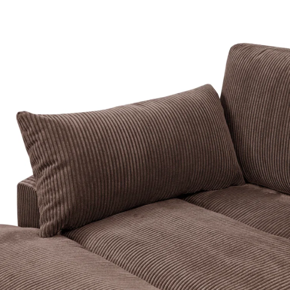 Dark brown corduroy convertible sleeper sofa with adjustable headrest, twin bed functionality, and mid-century wooden legs