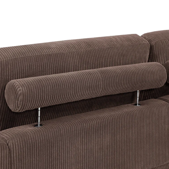 Dark brown corduroy convertible sleeper sofa with adjustable headrest, twin bed functionality, and mid-century wooden legs
