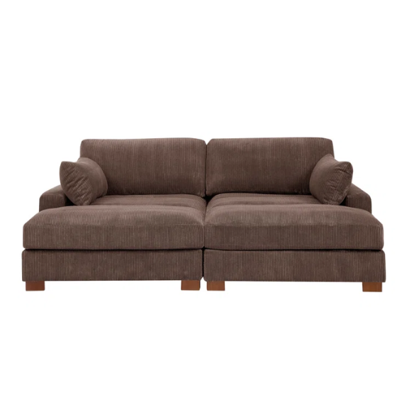 Dark brown corduroy convertible sleeper sofa with adjustable headrest, twin bed functionality, and mid-century wooden legs