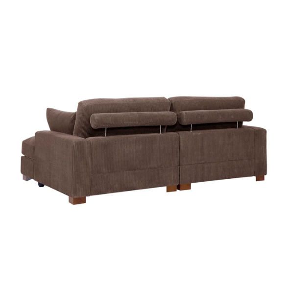 Dark brown corduroy convertible sleeper sofa with adjustable headrest, twin bed functionality, and mid-century wooden legs