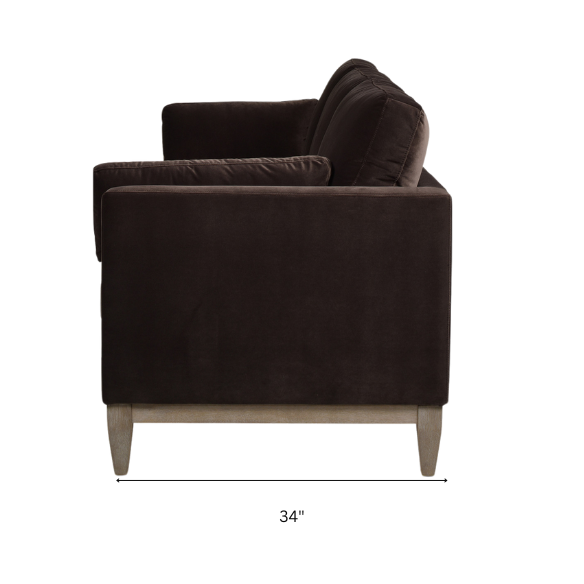Dark brown velvet 3-seater sofa with feather-down cushions, square track arms, and natural wood legs, perfect for modern or traditional interiors.